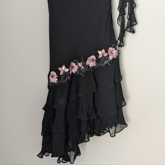 Vintage Cache Black Pink Silk Asymmetrical Floral Beaded Slip Dress - Picture 4 of 12